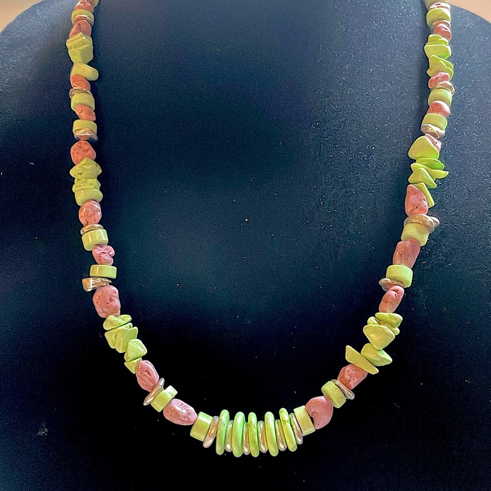 Pink and Green Turquoise with Thai Silver Necklace